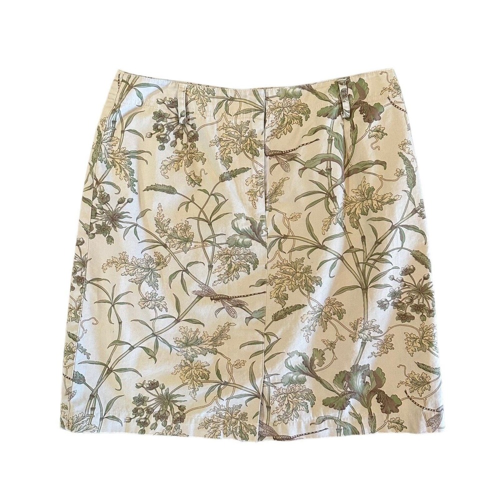 Ann Taylor Size 6 Tan Botanical Dragonfly Print 100% Cotton Straight Mini Skirt